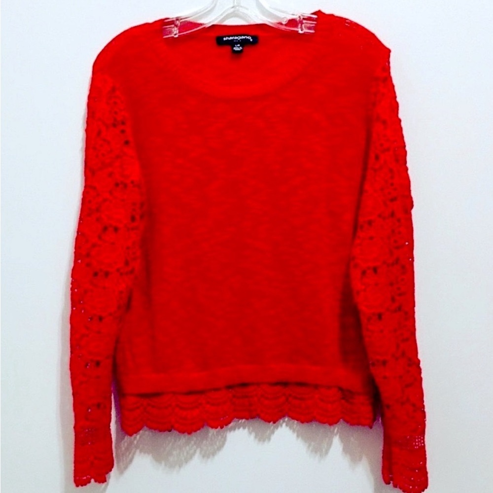 Sharagano Women’s Long Sleeves Lace Crochet Embroidered Knit Red Sweater
